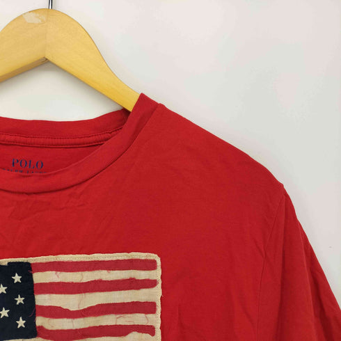 ポロラルフローレン POLO RALPH LAUREN 星条旗 フリンジ ワッペン 刺繍 クロップド リメイク クルーネック S/S Tシャツ レディース import:XL